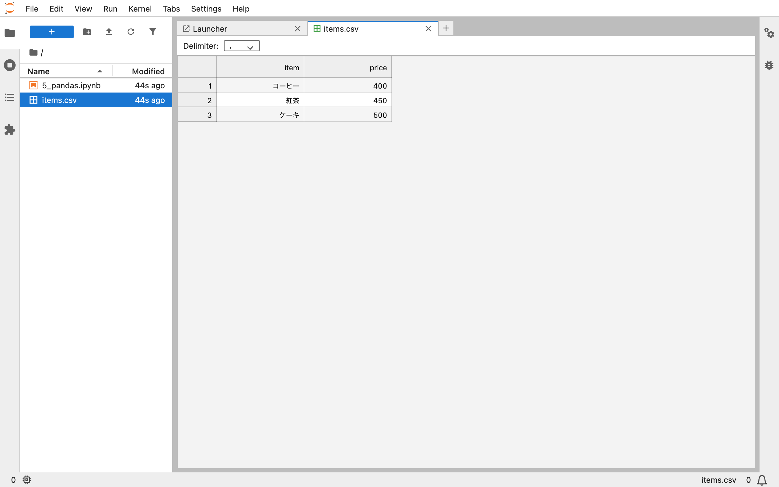 items.csvを開いたJupyterLabの画面